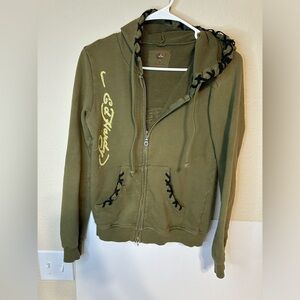 Vintage Ed Hardy Khaki Hoodie with Black Accents